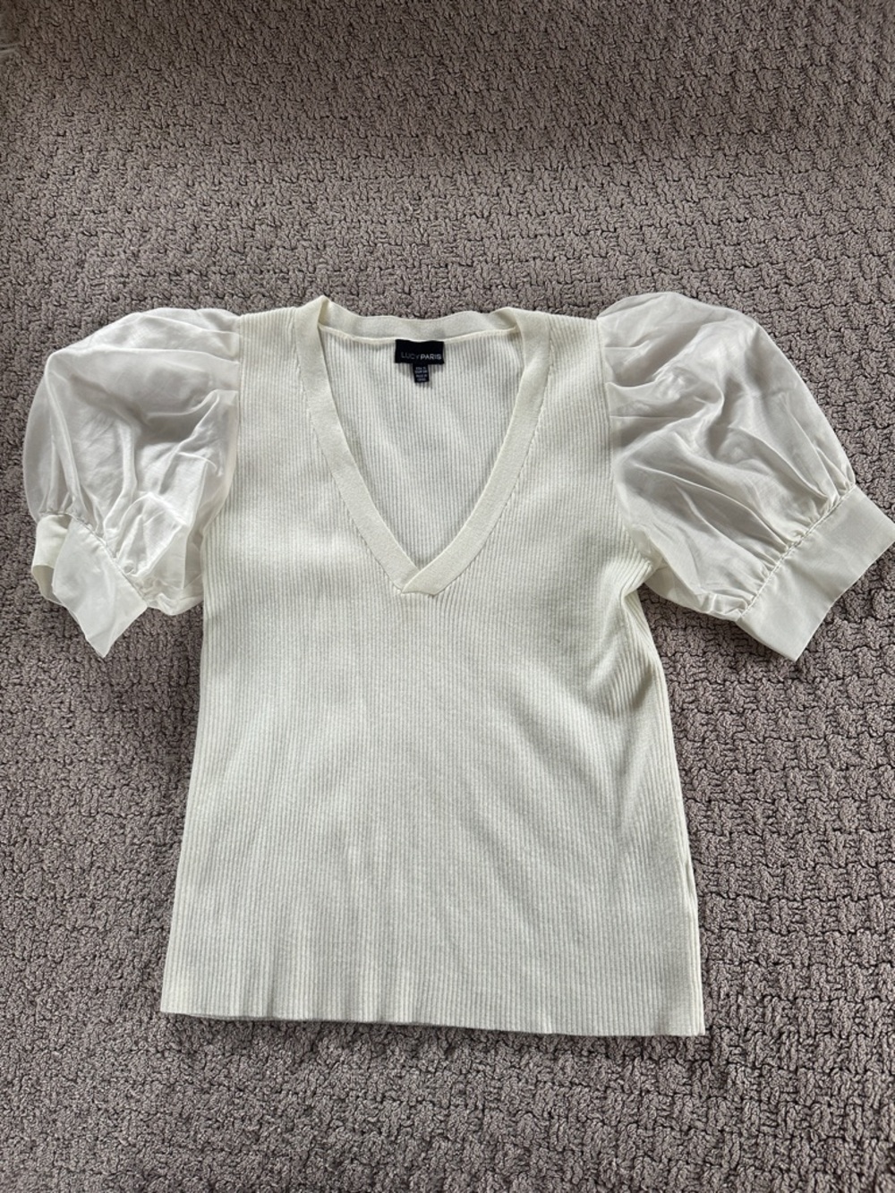 Lucy Paris Ivory V-Neck Knit Top with Puff Sheer Sleeves